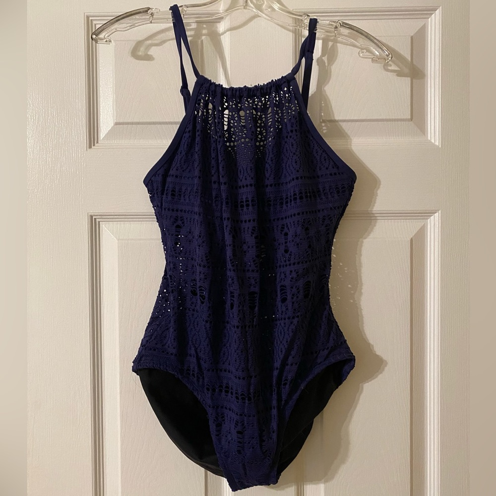 Navy blue one piece lace swimsuit